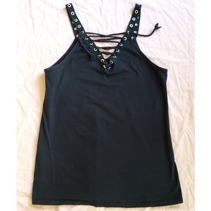 Punk Style Black Tank Top with Lace-Up V-Neck